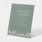 Wildflower Sage Deco Bruiloft Cocktail Menu Reclamebord Met Voetstuk (Voorkant)