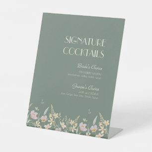 Wildflower Sage Deco Bruiloft Cocktail Menu Reclamebord Met Voetstuk