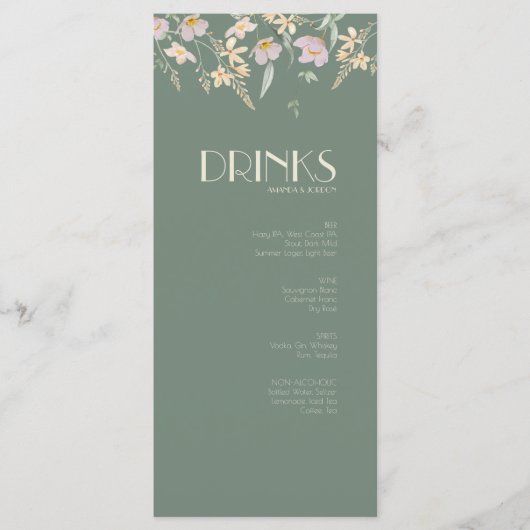 Wildflower Sage Deco Bruiloft Drink Menu (Voorkant)