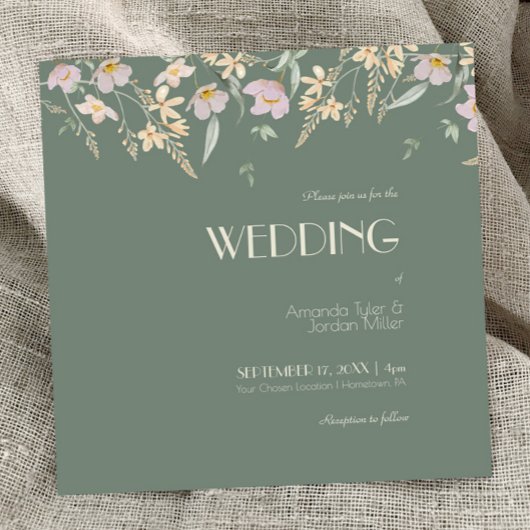 Wildflower Sage Deco Square Wedding Kaart