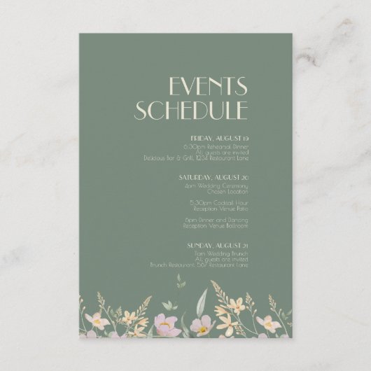 Wildflower Sage Deco Trouwschema Informatiekaartje (Voorkant)