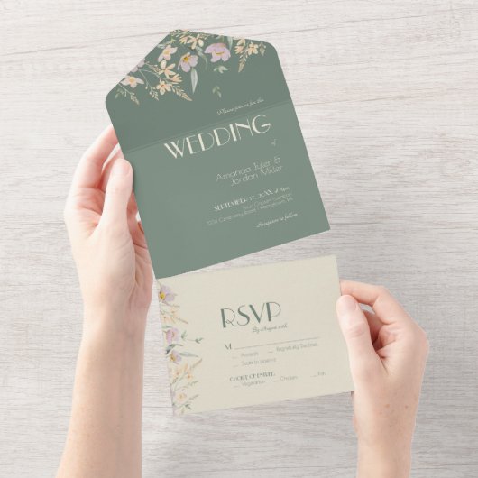 Wildflower Sage Deco Wedding All In One Uitnodiging (Afscheurbaar)