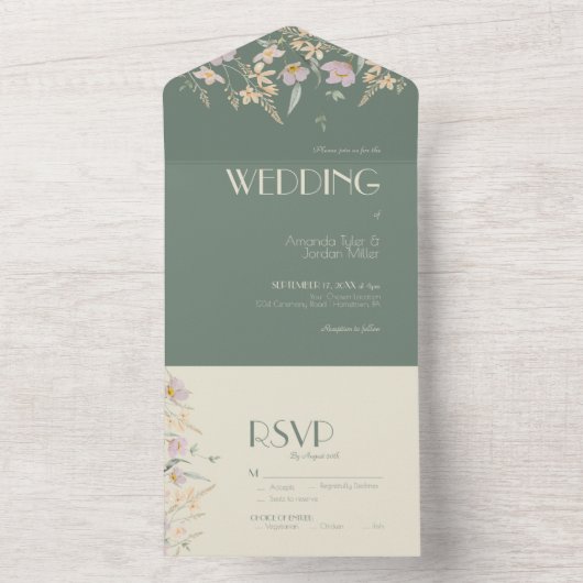 Wildflower Sage Deco Wedding All In One Uitnodiging (Binnen)
