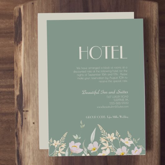 Wildflower Sage Deco Wedding Hotel Informatiekaartje