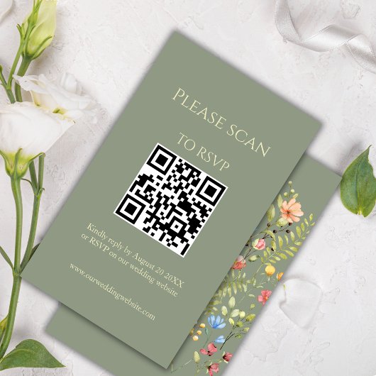 Wildflower Sage & Geel QR Code & RSVP Huwelijk Informatiekaartje