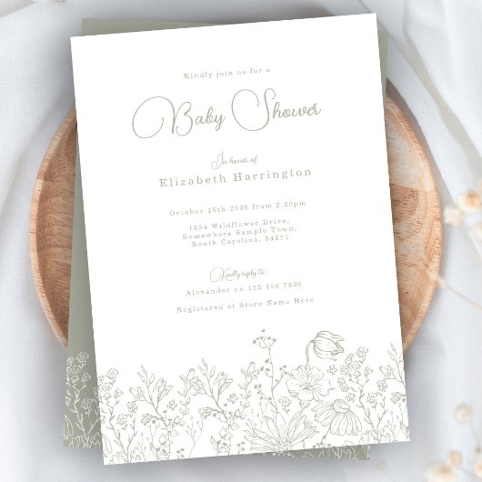 Wildflower Sage Green Baby shower Uitnodiging