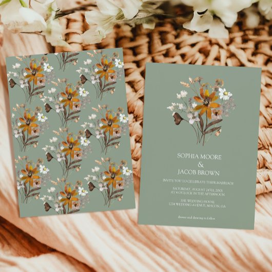 Wildflower Sage Green Boho Fall Wedding Kaart