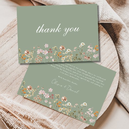 Wildflower Sage Green Boho Wedding Bedankkaart