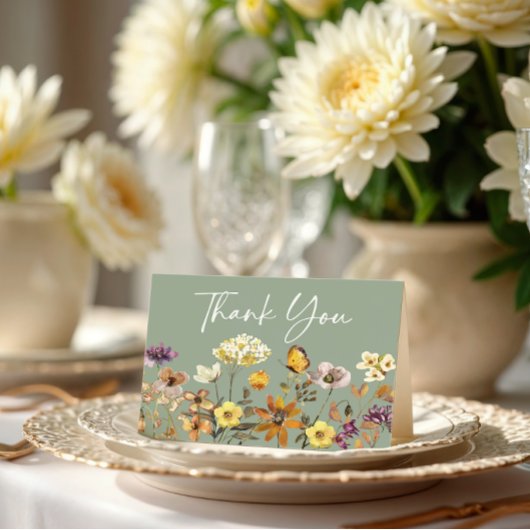 Wildflower Sage Green Boho Wedding Bedankt Card