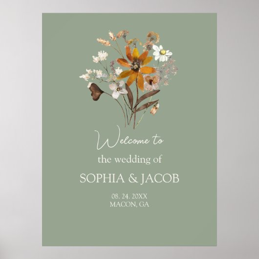 Wildflower Sage Green Boho Wedding Welkomstbord Poster (Voorkant)
