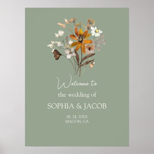Wildflower Sage Green Boho Wedding Welkomstbord Poster (Voorkant)