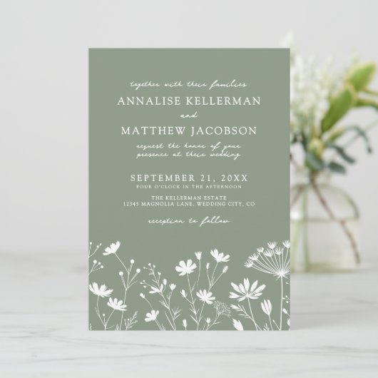 Wildflower Sage Green Wedding Kaart (Staand voorkant)