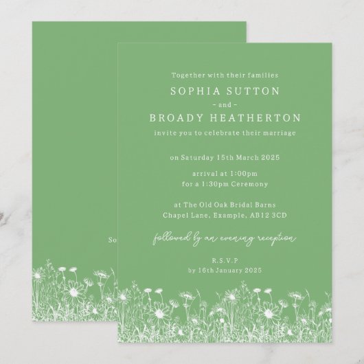 Wildflower Sage Groene bruiloft uitnodiging (Voorkant / Achterkant)