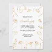 Wildflower Schets Gouden Bloemen Elegante Bruiloft Kaart (Voorkant)
