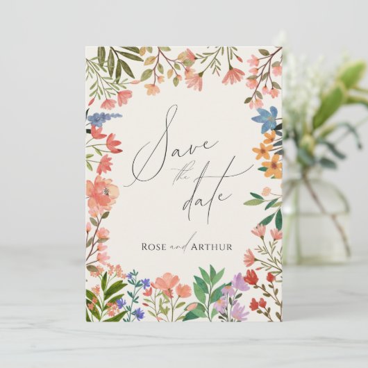 Wildflower Script Bewaar De Datum Kaart (Staand voorkant)