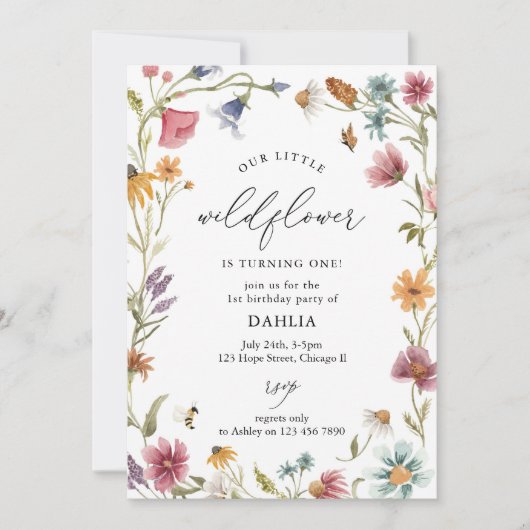 Wildflower Script Floral Boho Meisje 1e Verjaardag Kaart (Voorkant)