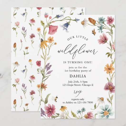 Wildflower Script Floral Boho Meisje 1e Verjaardag Kaart (Voorkant / Achterkant)