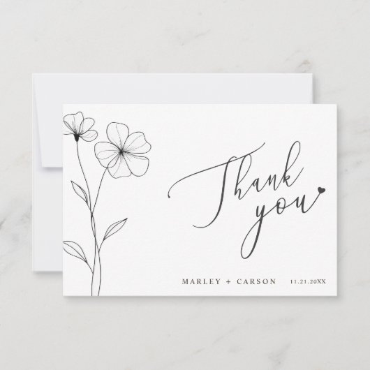 Wildflower Script Heart Romantic Wedding Bedankkaart (Voorkant)