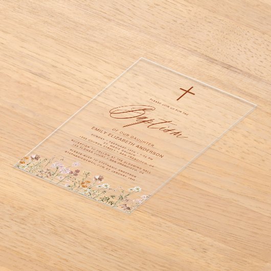 Wildflower Script Neutraal beige doop Acryl Uitnodigingen (Laagn)