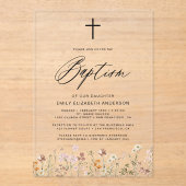 Wildflower Script Neutraal beige doop Acryl Uitnodigingen (Voorkant)
