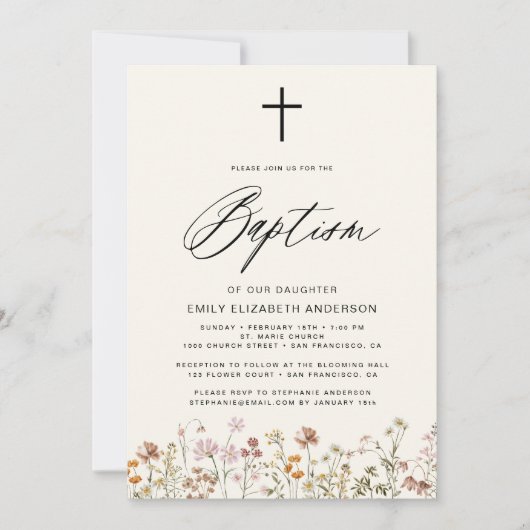 Wildflower Script Neutraal beige doop Kaart (Voorkant)