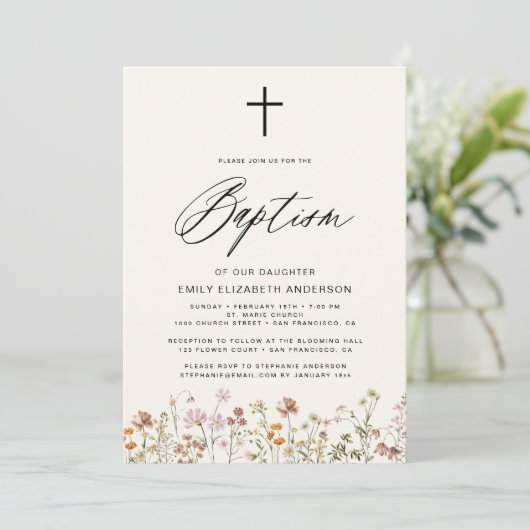 Wildflower Script Neutraal beige doop Kaart (Staand voorkant)