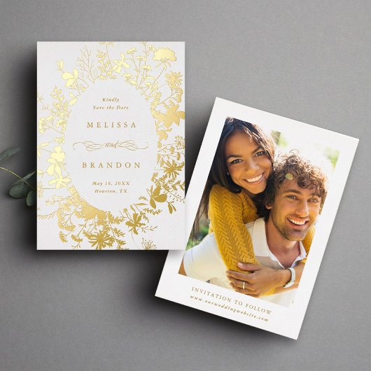 Wildflower Silhouet Bruiloft Save the Date Foto Folie Uitnodiging