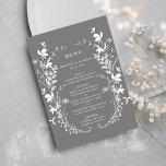 Wildflower silhouet krans bruiloft grijs menu<br><div class="desc">Dit elegante huwelijksmenu heeft een silhouet van wilde bloemen als krans en initialen op de achterkant. Voor meer geavanceerde aanpassing van dit ontwerp,  klikt u op de BLUE DESIGN TOOL BUTTON hierboven! Overeenkomende objecten zijn ook beschikbaar.</div>