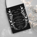 Wildflower silhouet krans bruiloft zwart menu<br><div class="desc">Dit elegante huwelijksmenu heeft een silhouet van wilde bloemen als krans en initialen op de achterkant. Voor meer geavanceerde aanpassing van dit ontwerp,  klikt u op de BLUE DESIGN TOOL BUTTON hierboven! Overeenkomende objecten zijn ook beschikbaar.</div>