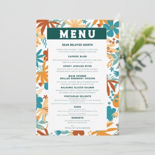 Wildflower Sinaasappel Ranunculus Daisy Blauwgroen Menu (Staand voorkant)