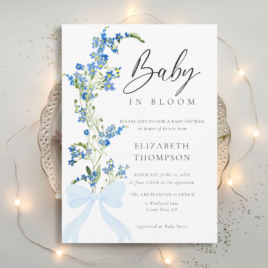 Wildflower Soft Bloom Blue Bow Elegant Baby shower Kaart