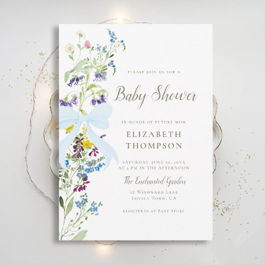 Wildflower Soft Blooms Blue Bow Boy Baby shower Kaart