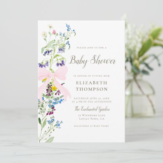 Wildflower Soft Blooms Pink Bow Girl Baby shower Kaart (Staand voorkant)