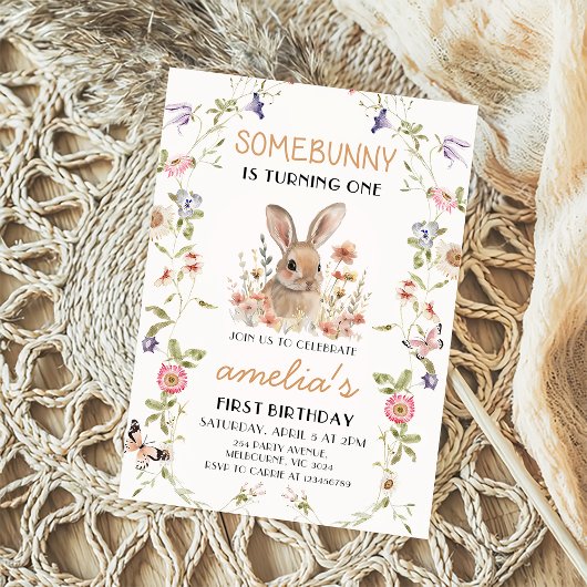 Wildflower Some Bunny Girl 1e verjaardag uitnodigi Kaart