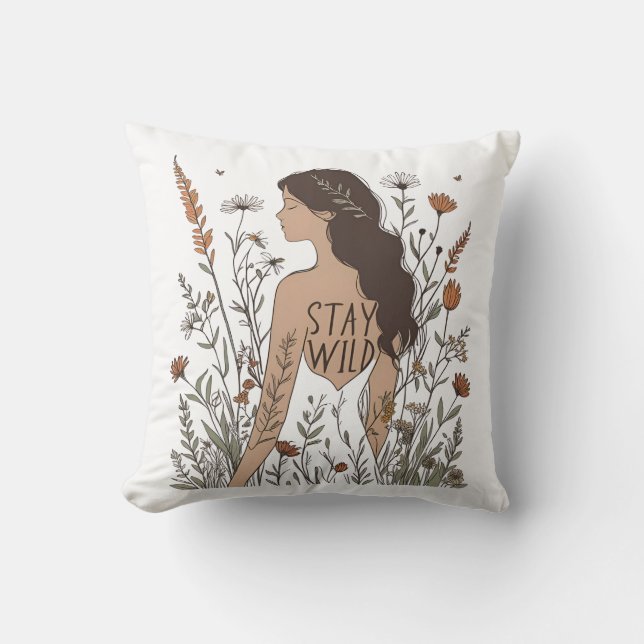 Wildflower Soul – Blijf Wild Lijnkunst  Kussen (Voorkant)