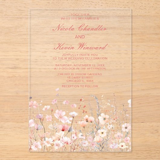 Wildflower Spring Blush Roze Bloemen Huwelijk Acryl Uitnodigingen (Voorkant)