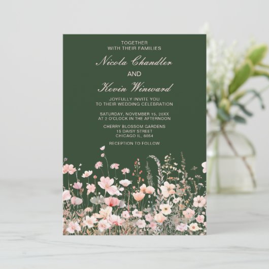 Wildflower Spring Blush Roze Bloemen Huwelijk Kaart (Staand voorkant)