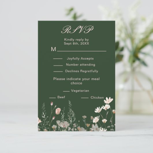 Wildflower Spring Blush Roze Bloemen Huwelijk RSVP Kaartje (Staand voorkant)