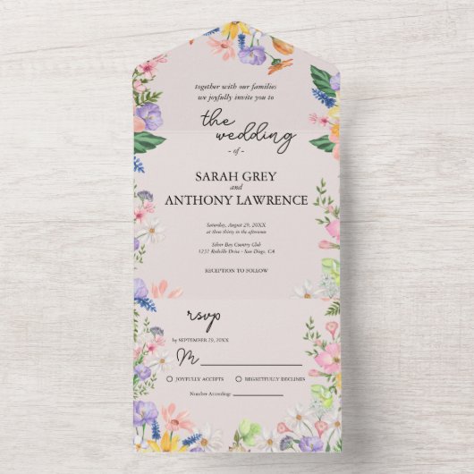 Wildflower Spring bruiloft alles in één All In One Uitnodiging (Binnen)