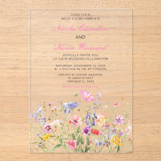 Wildflower Spring Floral Wedding Acryl Uitnodigingen (Voorkant)