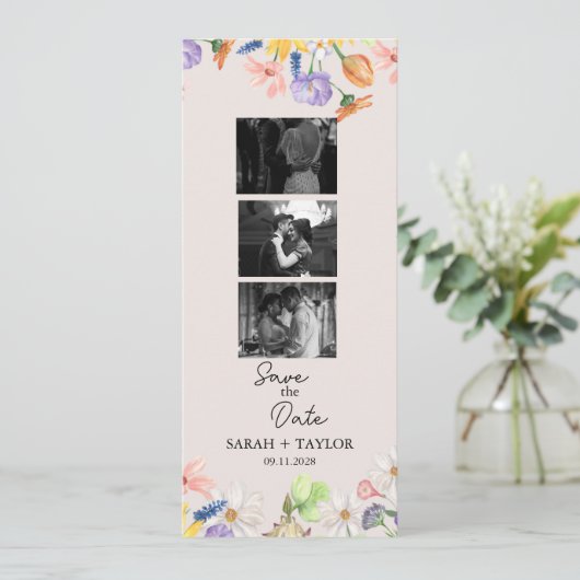 Wildflower Spring Fotostrip Save the Date Kaart (Staand voorkant)