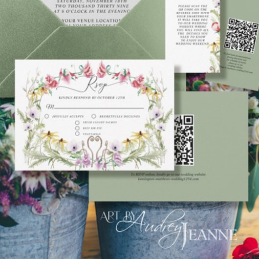 Wildflower Spring Krans Moderne Bloemen QR code RSVP Kaartje