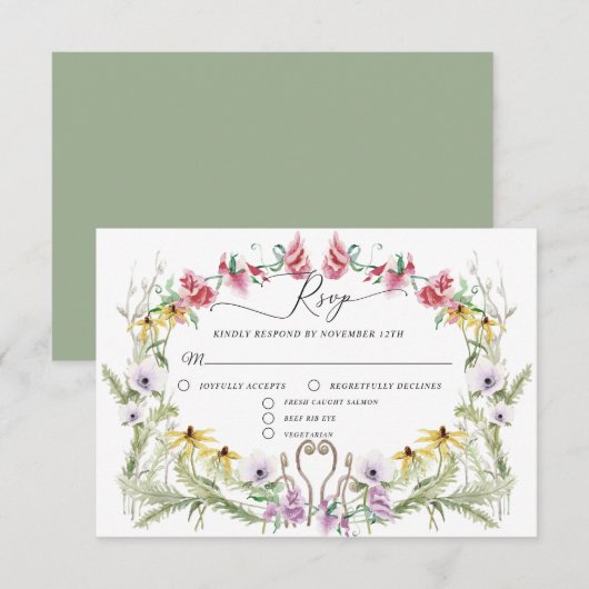 Wildflower Spring krans Moderne bloemtypografie RSVP Kaartje (Voorkant / Achterkant)