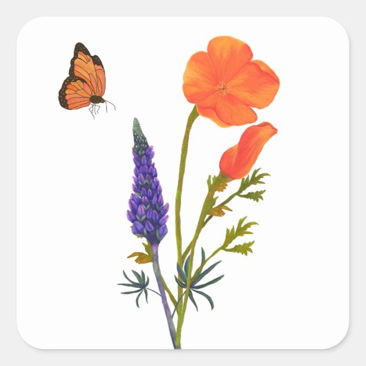 Wildflower Spring Poppies Meadow Sinaasappel Paars Vierkante Sticker (Voorkant)