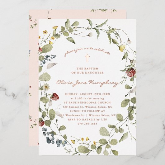 Wildflower Spring Summer Floral Baptism Folie Uitnodiging (Voorkant / Achterkant)