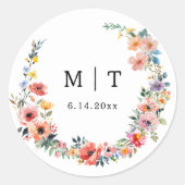 Wildflower Spring Summer Wedding Monogram Ronde Sticker (Voorkant)