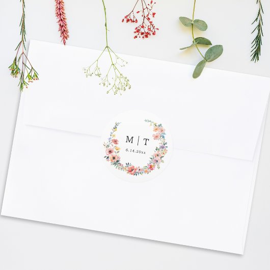 Wildflower Spring Summer Wedding Monogram Ronde Sticker