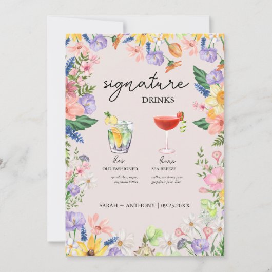 Wildflower Spring Wedding Signature Drink Kaart (Voorkant)