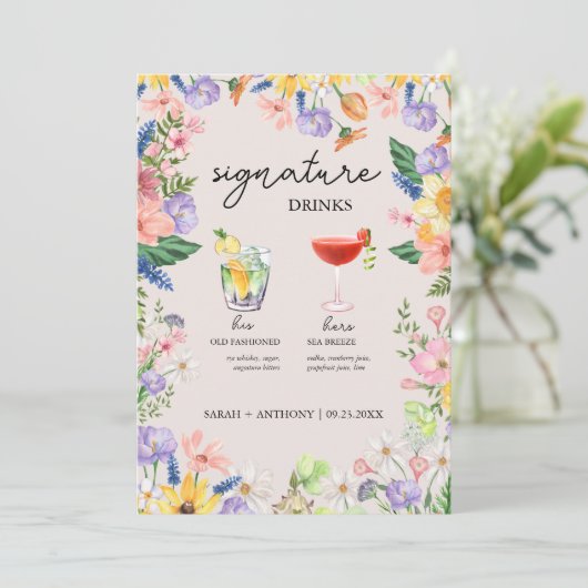 Wildflower Spring Wedding Signature Drink Kaart (Staand voorkant)