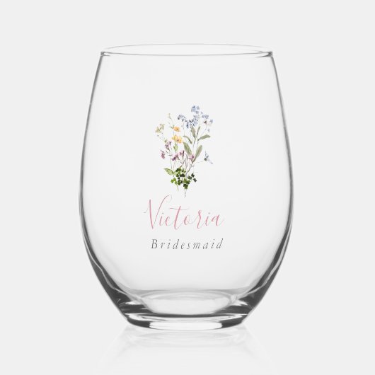 Wildflower Stemless Wine Glass Bridesmaid Gift Wijnglas Zonder Voet (Voorkant)